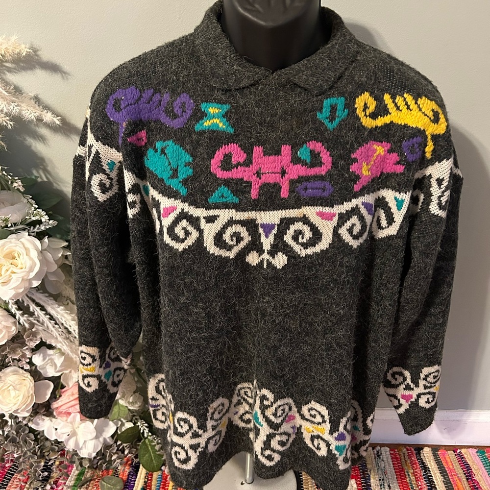 80s Geometrical All Over Ski Sweater Winter Snow Vintage Small